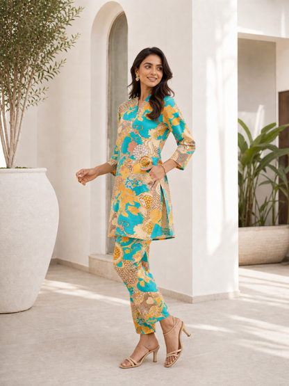 Sky Floral Rayon Blend V-Neck Casual Stylish Co-Ord Set