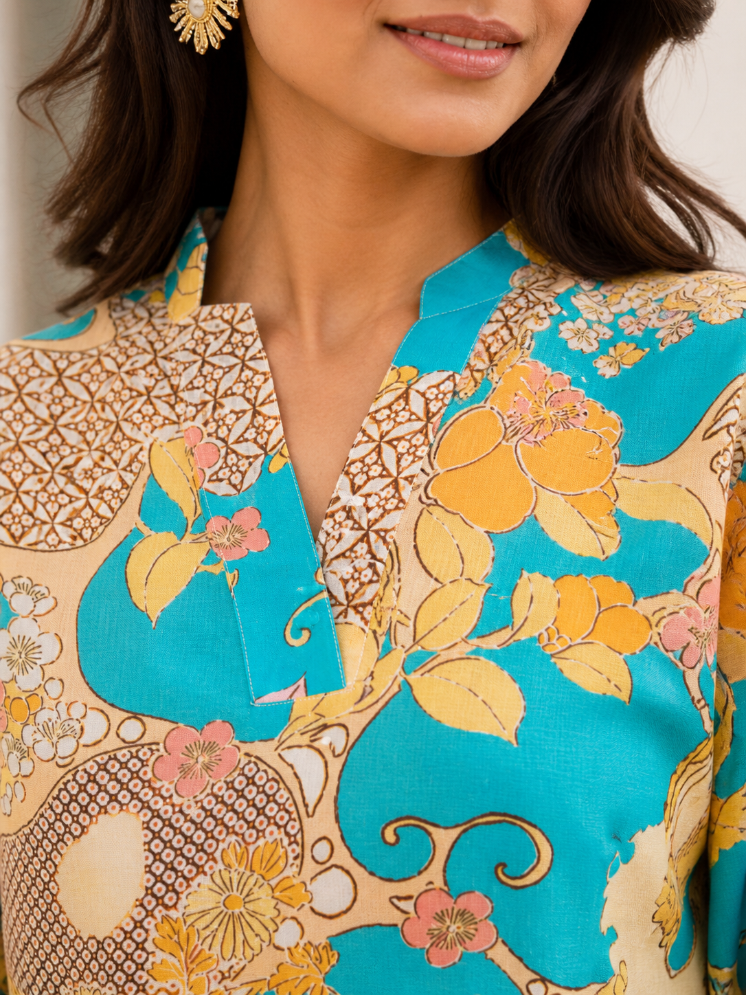 Sky Floral Rayon Blend V-Neck Casual Stylish Co-Ord Set