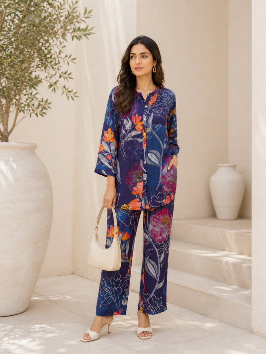Blue Floral Rayon Blend Mandarin Collar Casual Co-Ord Set