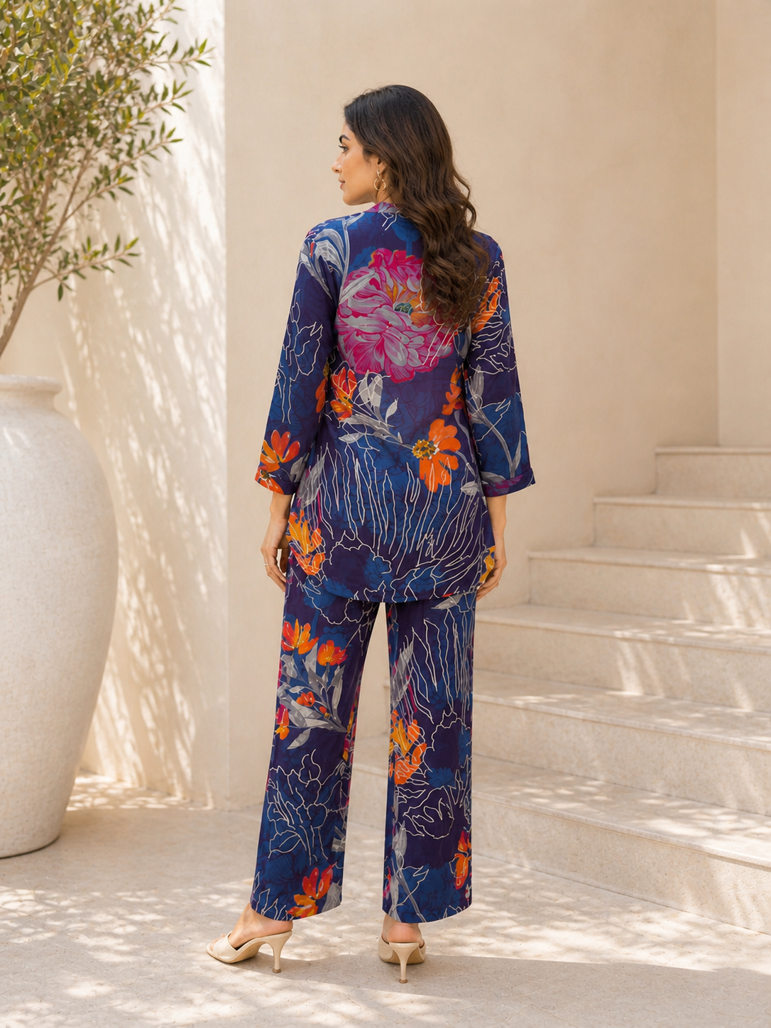 Blue Floral Rayon Blend Mandarin Collar Casual Co-Ord Set