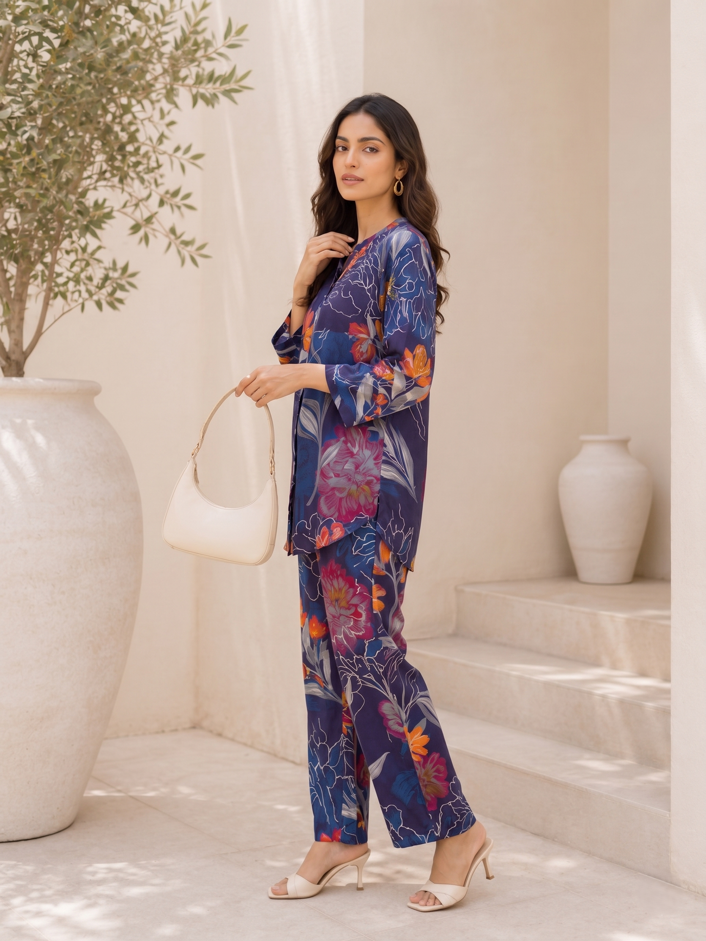 Blue Floral Rayon Blend Mandarin Collar Casual Co-Ord Set