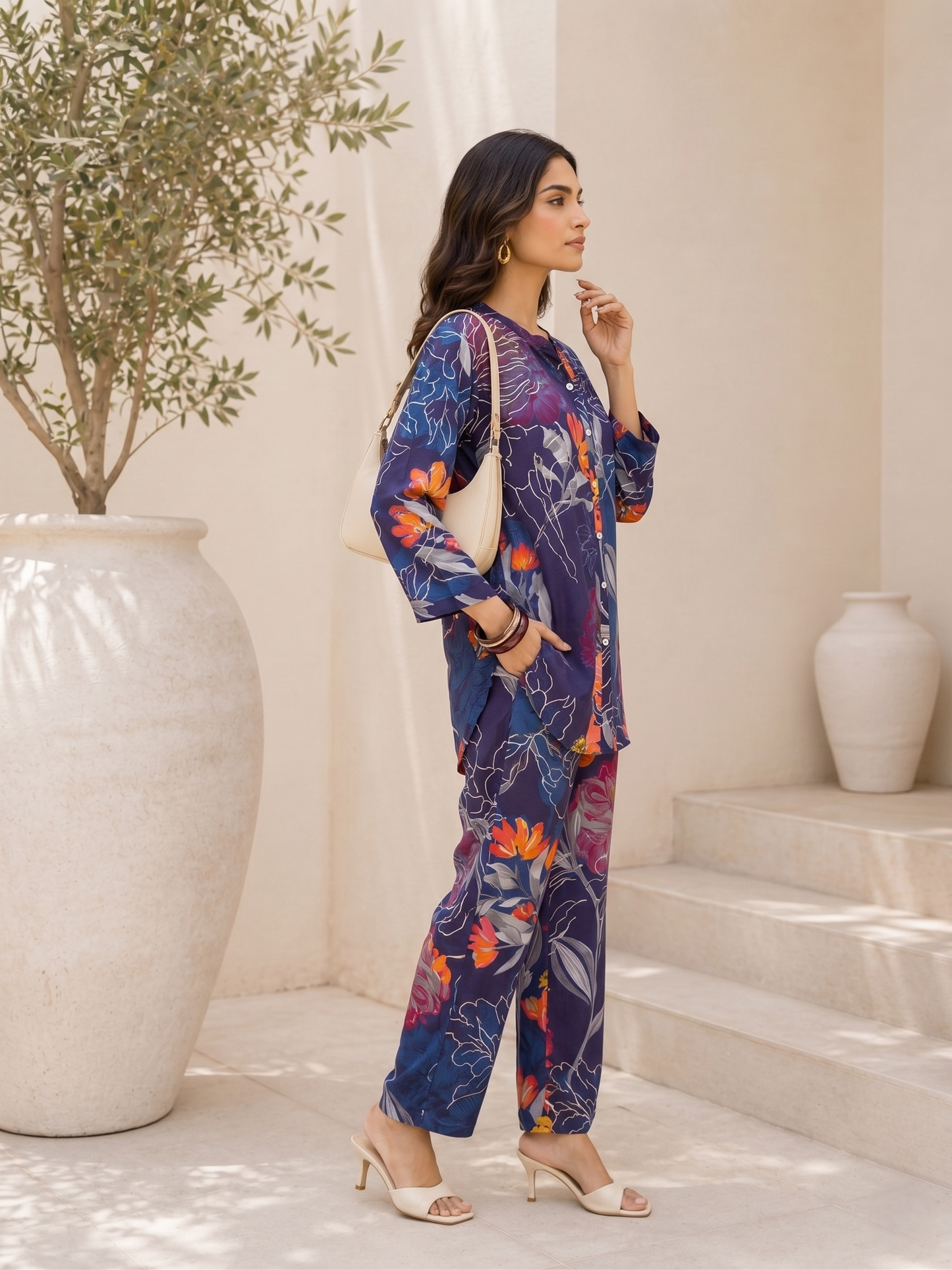 Blue Floral Rayon Blend Mandarin Collar Casual Co-Ord Set