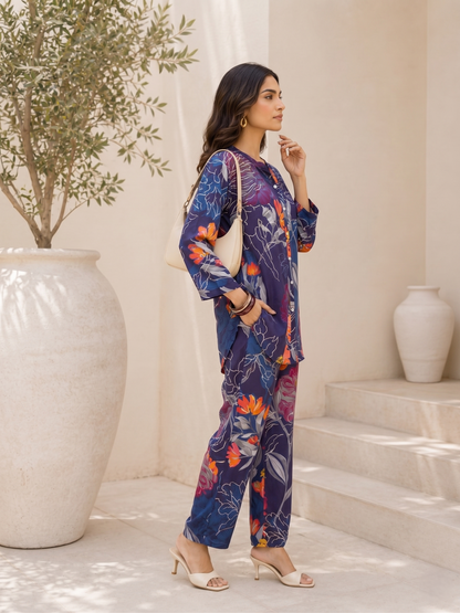 Blue Floral Rayon Blend Mandarin Collar Casual Co-Ord Set