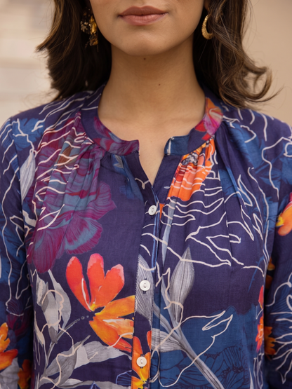 Blue Floral Rayon Blend Mandarin Collar Casual Co-Ord Set