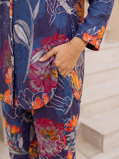 Blue Floral Rayon Blend Mandarin Collar Casual Co-Ord Set
