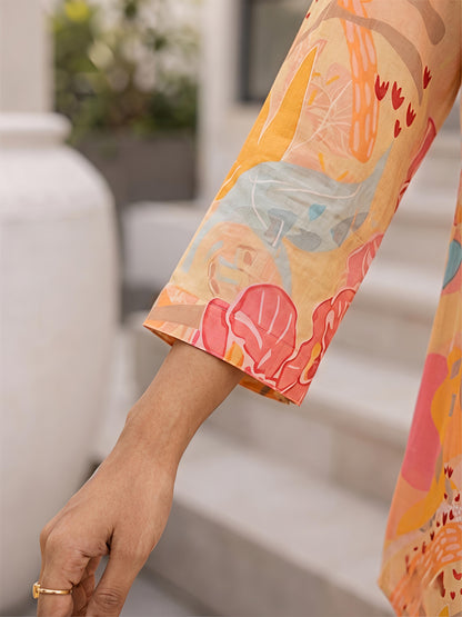 Yellow Floral Rayon Blend Mandarin Collar Casual Co-Ord Set