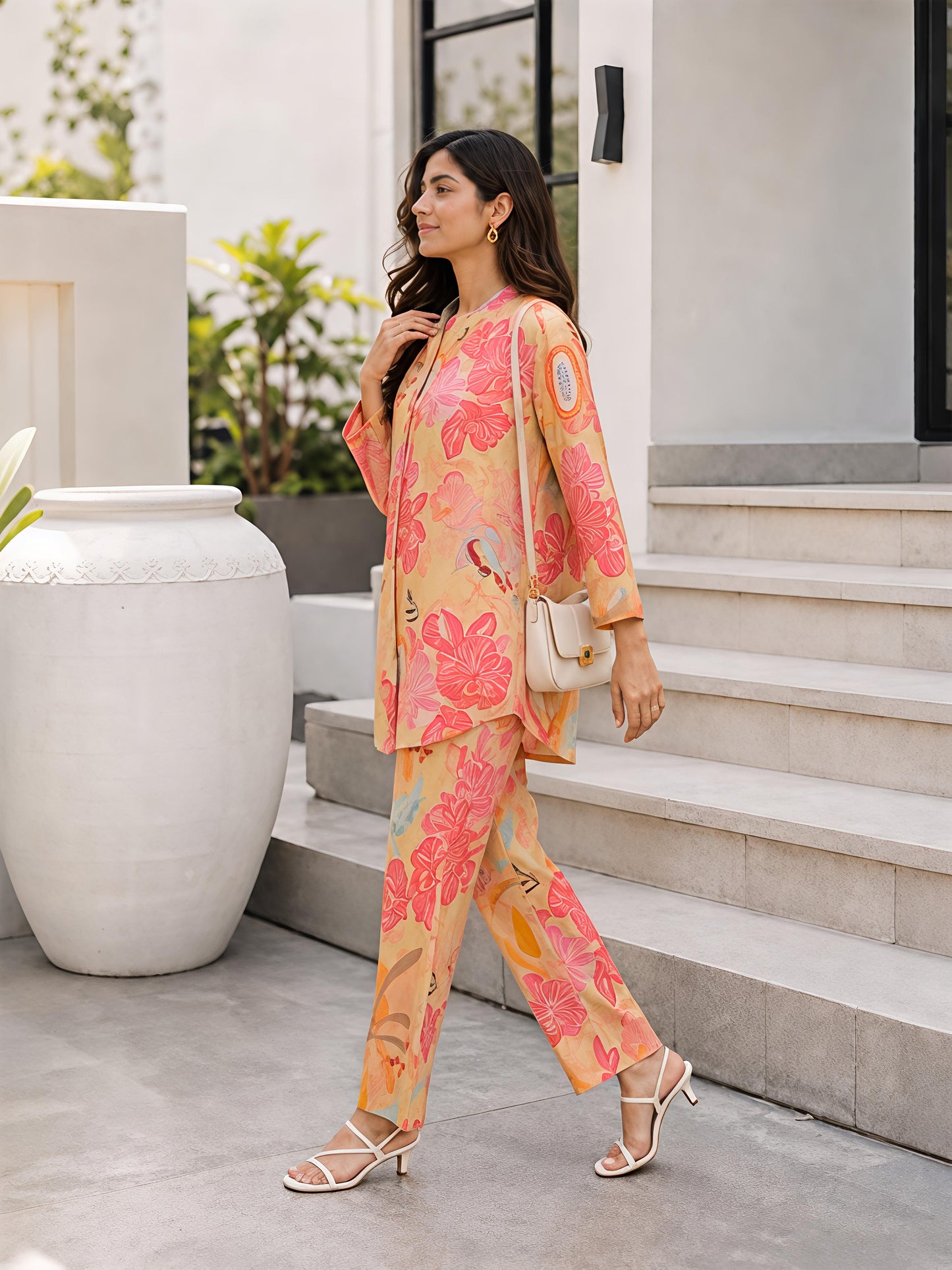 Yellow Floral Rayon Blend Mandarin Collar Casual Co-Ord Set