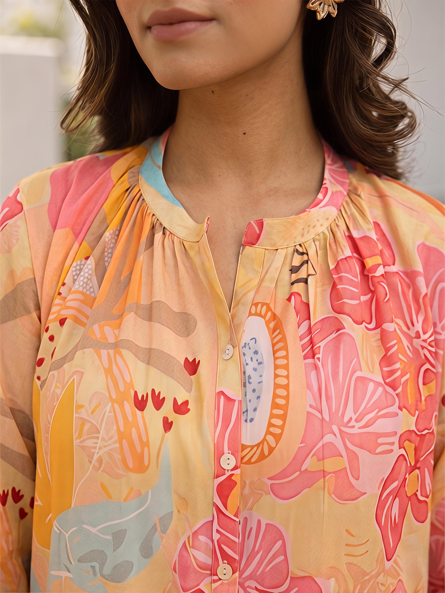 Yellow Floral Rayon Blend Mandarin Collar Casual Co-Ord Set