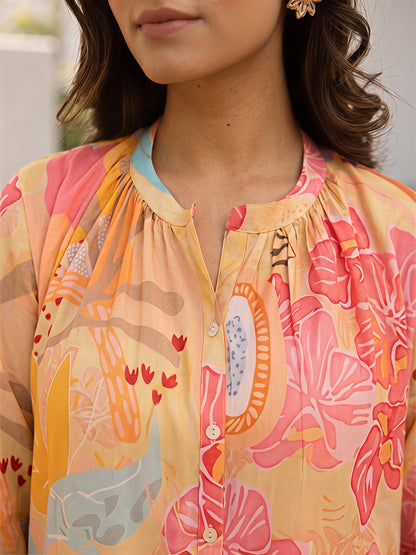 Yellow Floral Rayon Blend Mandarin Collar Casual Co-Ord Set