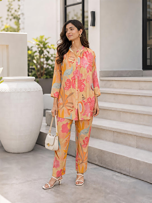 Yellow Floral Rayon Blend Mandarin Collar Casual Co-Ord Set