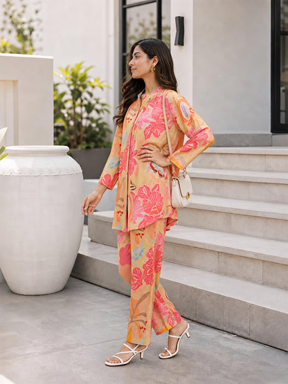 Yellow Floral Rayon Blend Mandarin Collar Casual Co-Ord Set