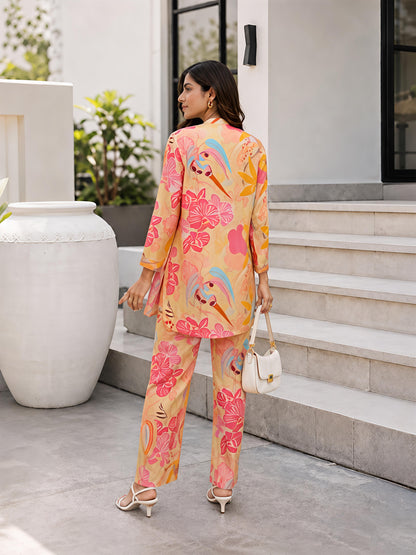 Yellow Floral Rayon Blend Mandarin Collar Casual Co-Ord Set