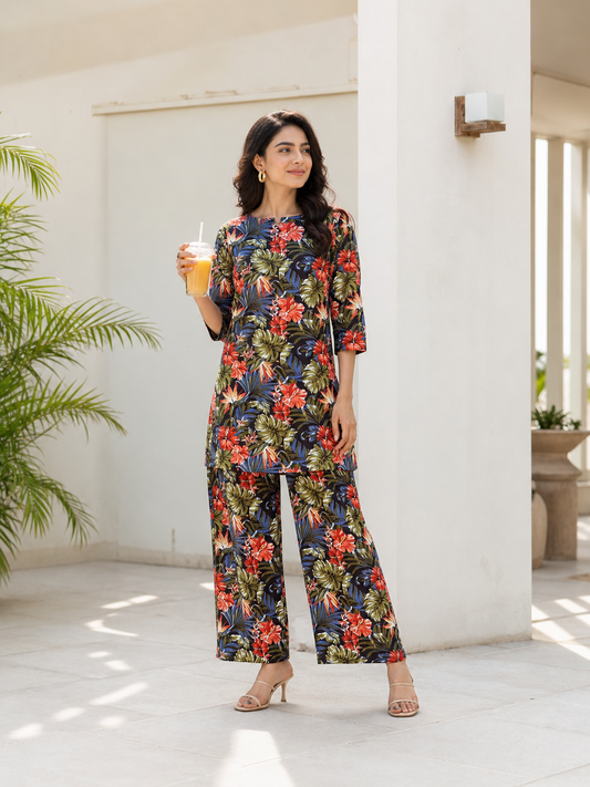 Chic Multicolor Printed Rayon Blend V-Neck Co-Ord Set