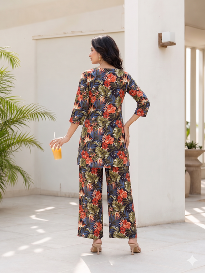 Chic Multicolor Printed Rayon Blend V-Neck Co-Ord Set
