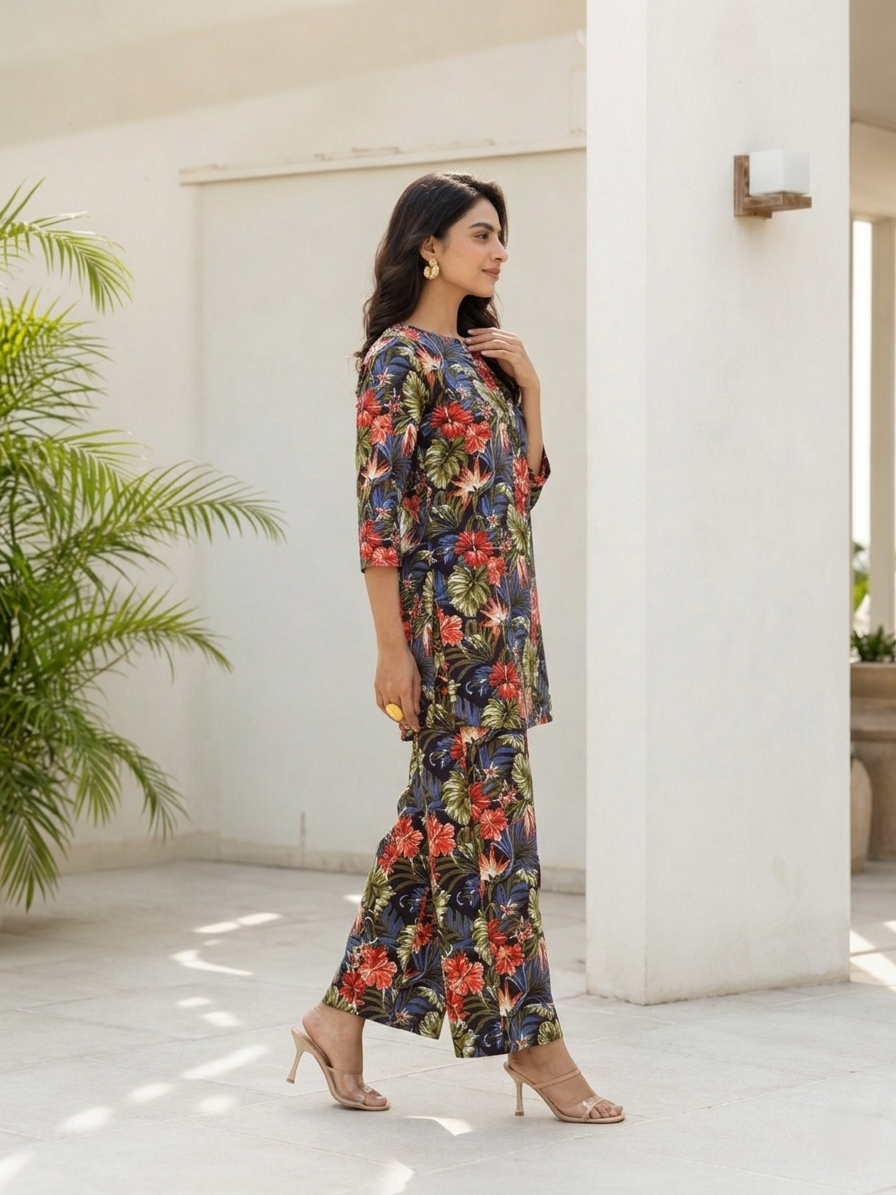 Chic Multicolor Printed Rayon Blend V-Neck Co-Ord Set