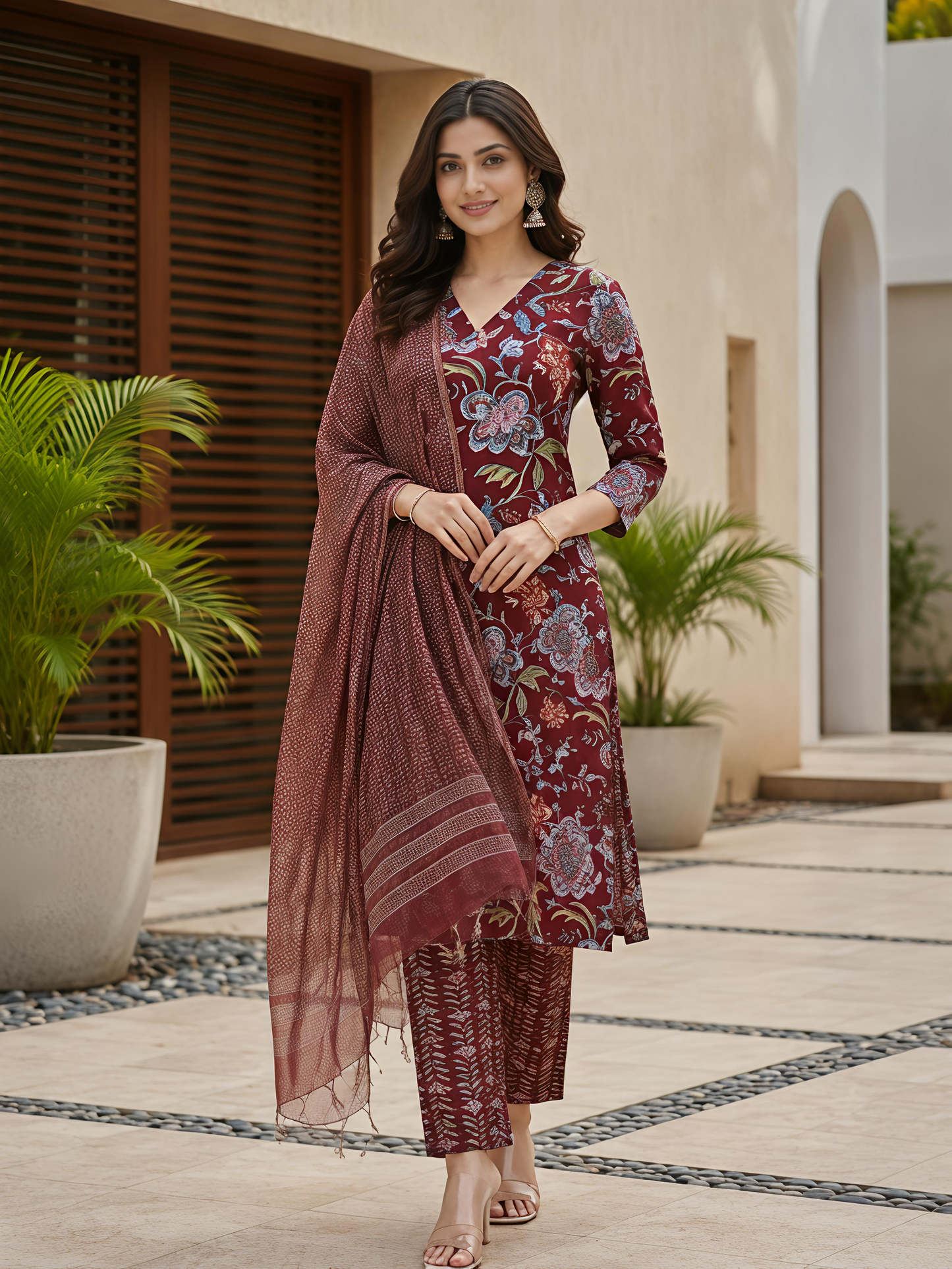 Maroon Printed Ethnic Floral Kurta Set Stylish Casual Outfit