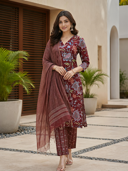Maroon Printed Ethnic Floral Kurta Set Stylish Casual Outfit