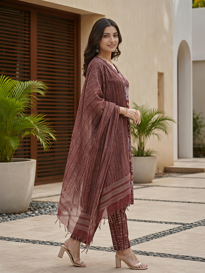 Maroon Printed Ethnic Floral Kurta Set Stylish Casual Outfit