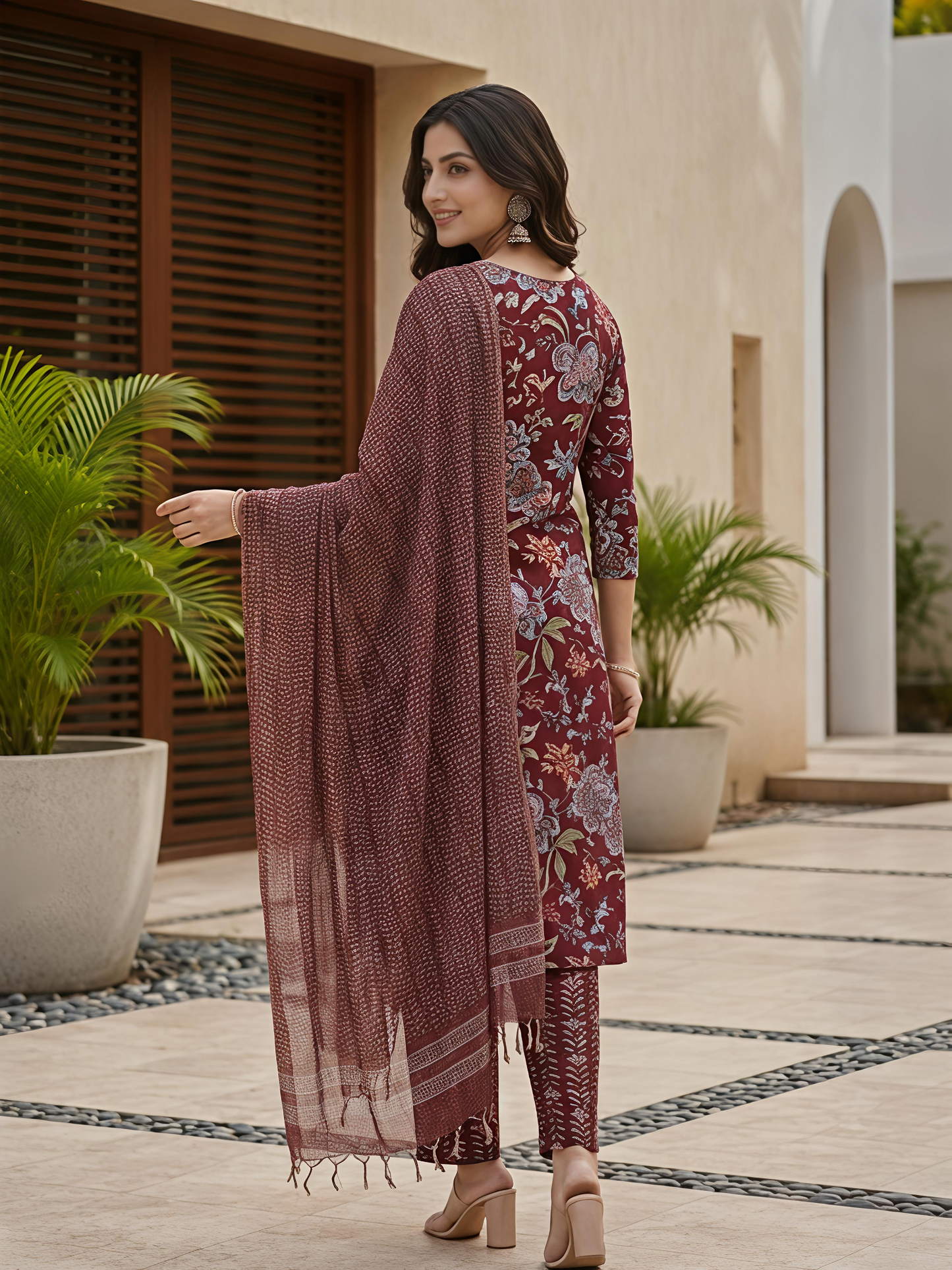 Maroon Printed Ethnic Floral Kurta Set Stylish Casual Outfit