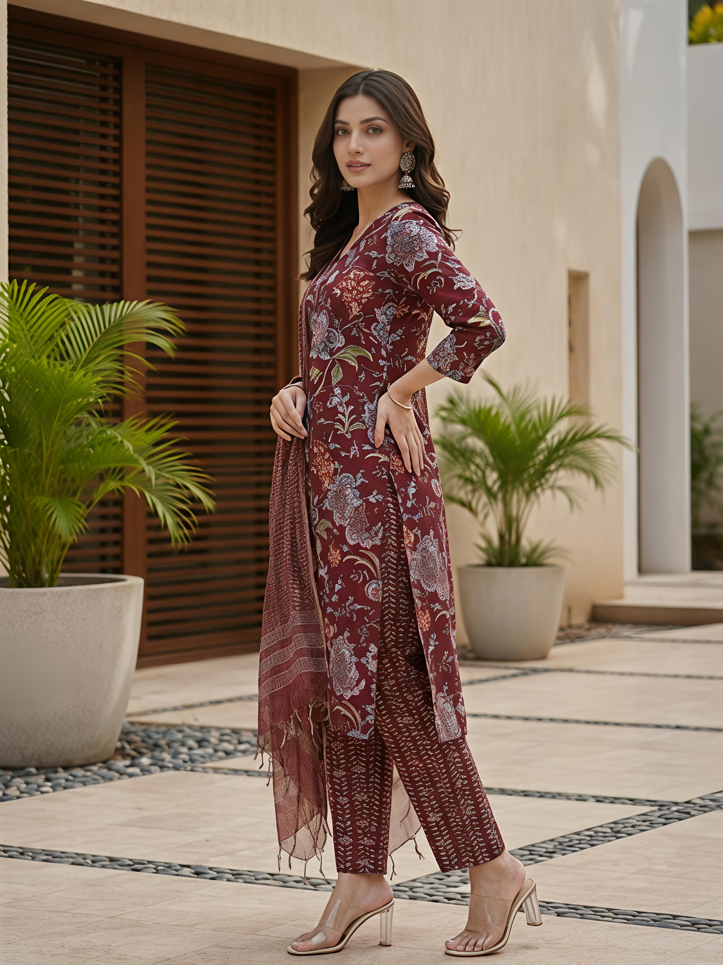 Maroon Printed Ethnic Floral Kurta Set Stylish Casual Outfit