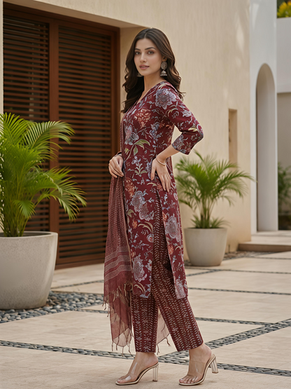 Maroon Printed Ethnic Floral Kurta Set Stylish Casual Outfit