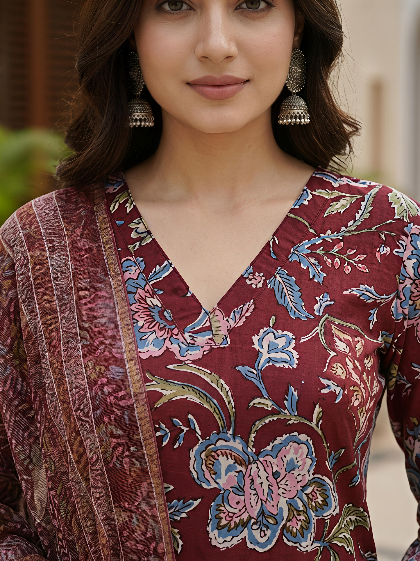 Maroon Printed Ethnic Floral Kurta Set Stylish Casual Outfit