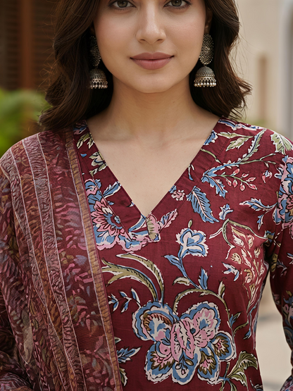 Maroon Printed Ethnic Floral Kurta Set Stylish Casual Outfit