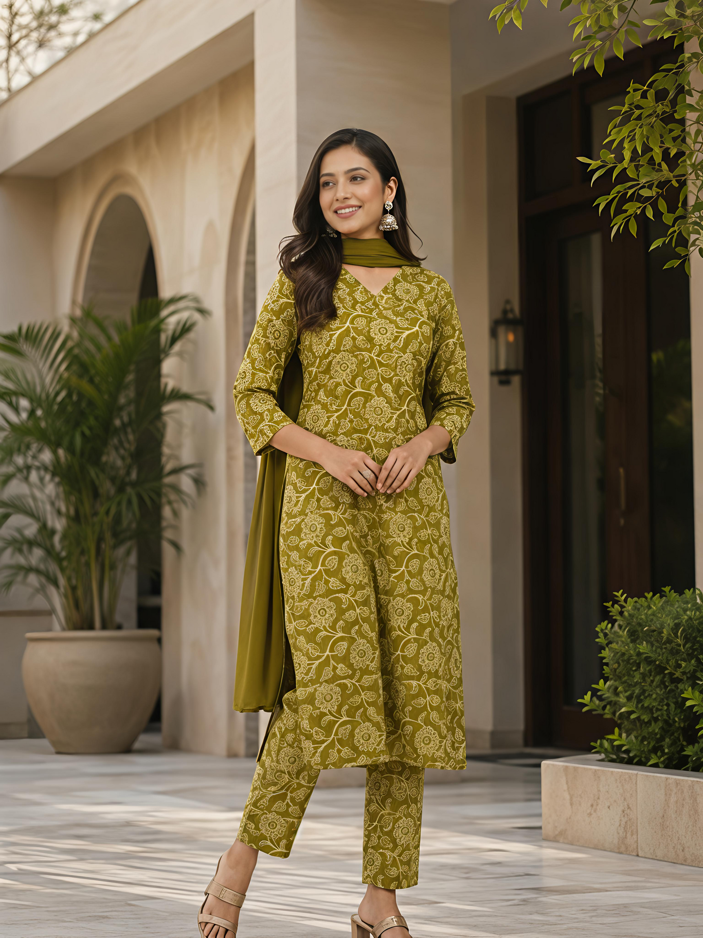 Green Printed V-Neck Ethnic Floral Kurta Set Stylish Outfit
