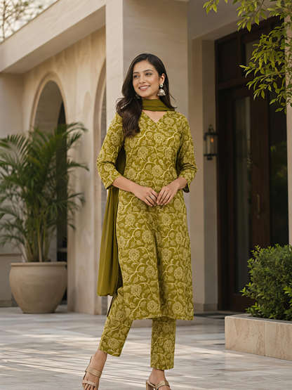 Green Printed V-Neck Ethnic Floral Kurta Set Stylish Outfit