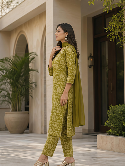 Green Printed V-Neck Ethnic Floral Kurta Set Stylish Outfit