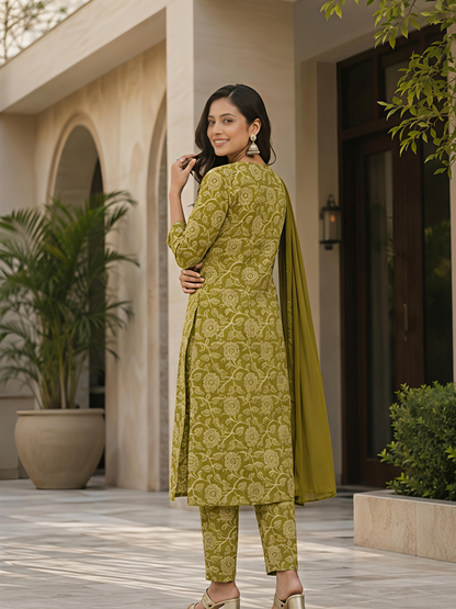 Green Printed V-Neck Ethnic Floral Kurta Set Stylish Outfit