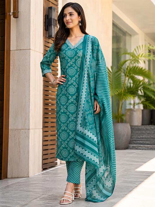 Bandhani Printed Ethnic V-Neck Stylish Casual Daily Kurta Set