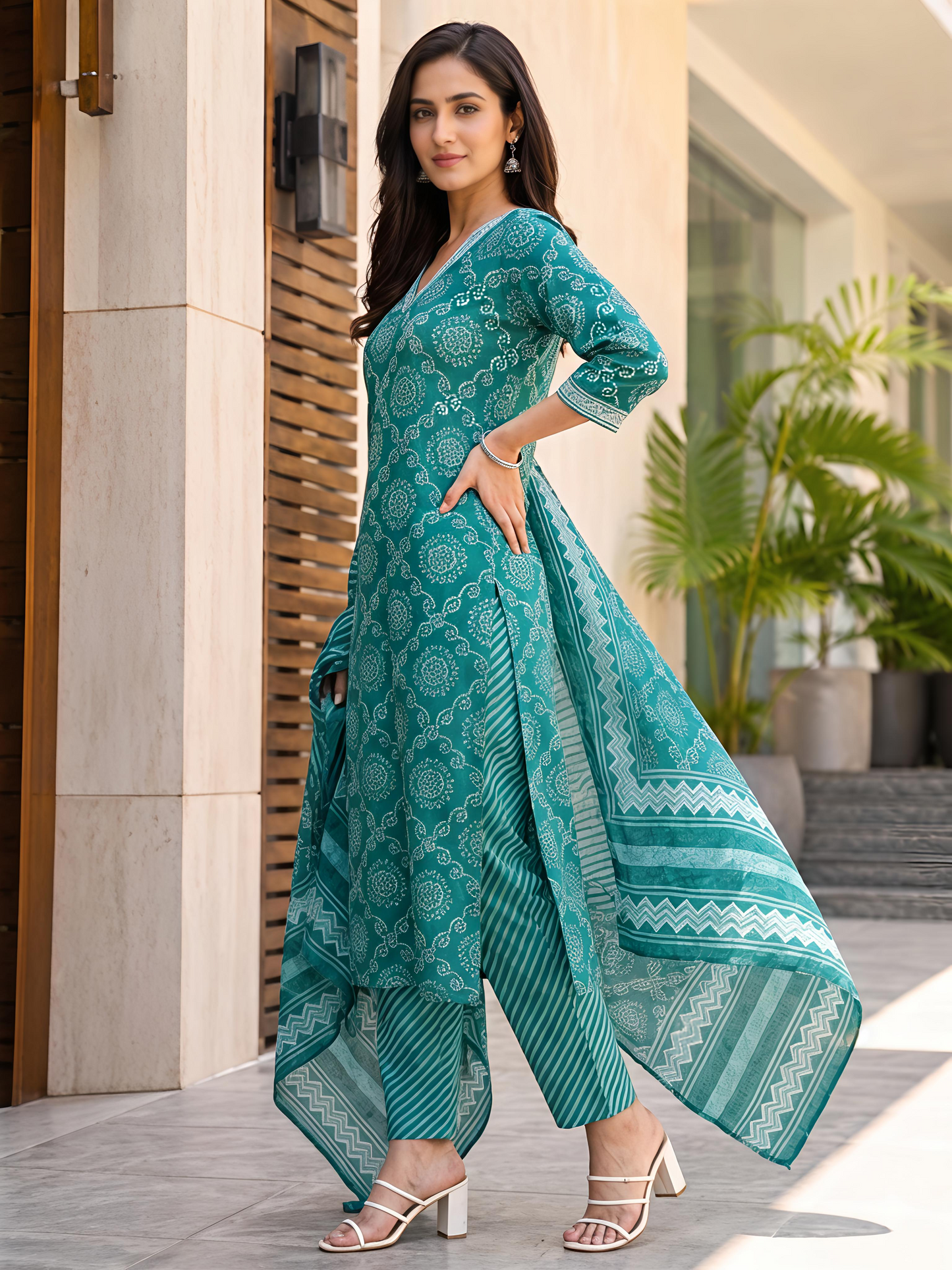 Bandhani Printed Ethnic V-Neck Stylish Casual Daily Kurta Set