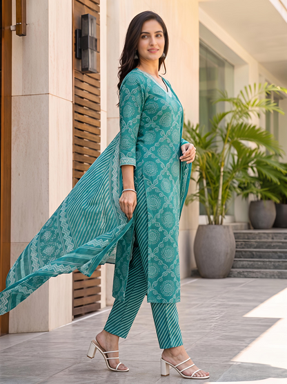 Bandhani Printed Ethnic V-Neck Stylish Casual Daily Kurta Set