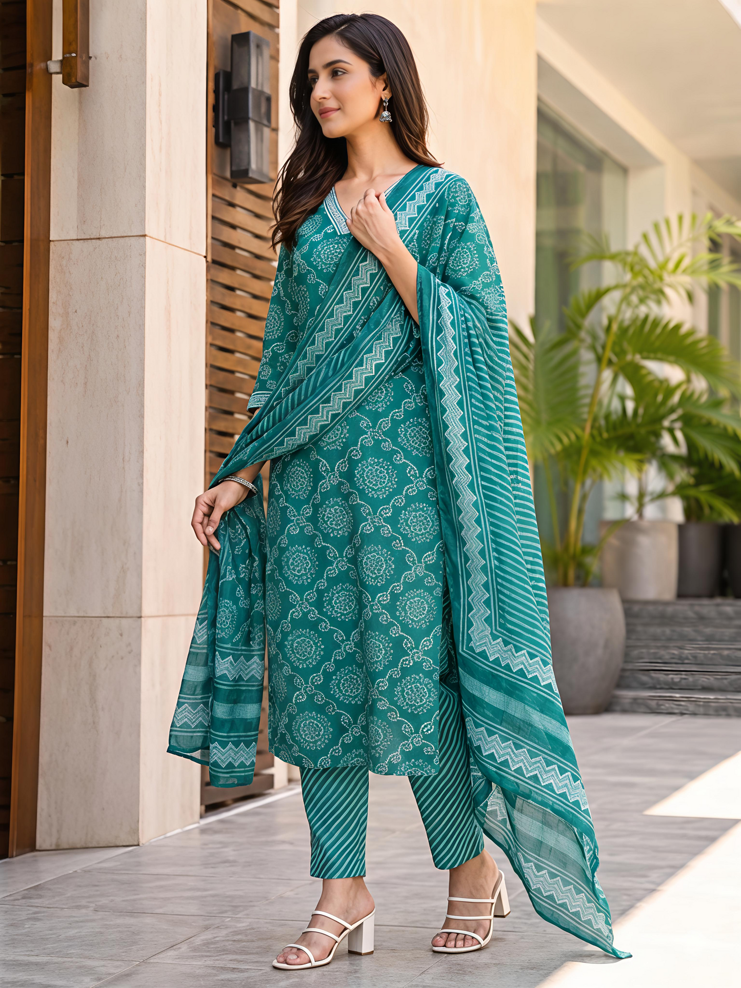 Bandhani Printed Ethnic V-Neck Stylish Casual Daily Kurta Set
