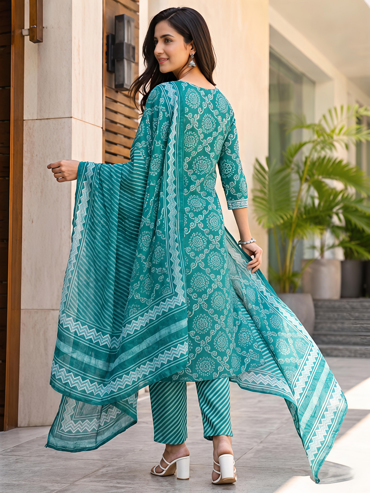 Bandhani Printed Ethnic V-Neck Stylish Casual Daily Kurta Set