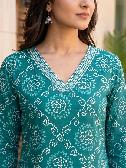 Bandhani Printed Ethnic V-Neck Stylish Casual Daily Kurta Set