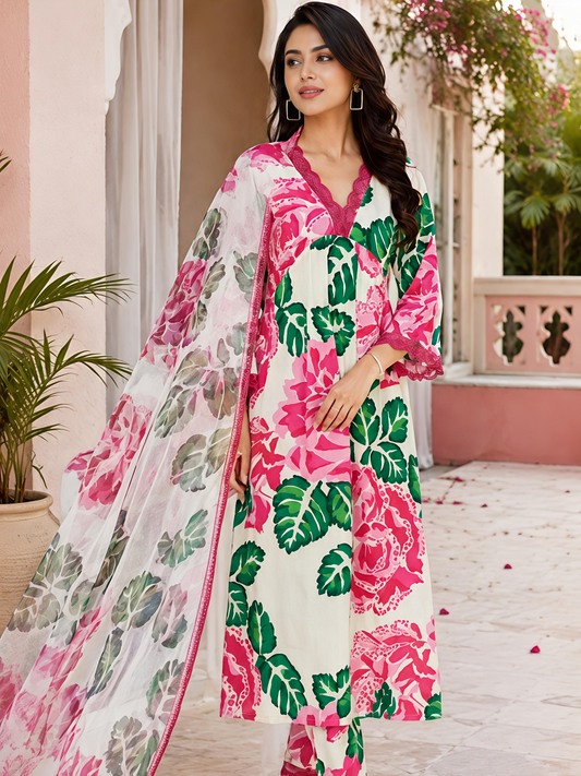 Beige Floral Cotton A-Line Suit Set Stylish Ethnic Kurta Set