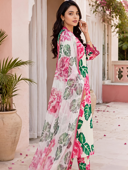 Beige Floral Cotton A-Line Suit Set Stylish Ethnic Kurta Set