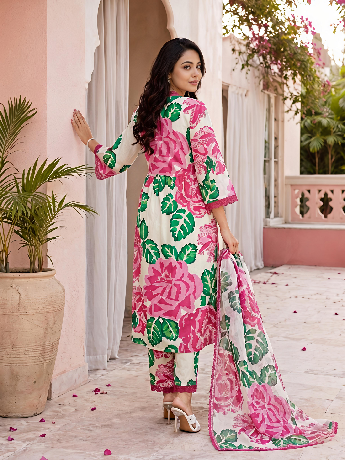 Beige Floral Cotton A-Line Suit Set Stylish Ethnic Kurta Set