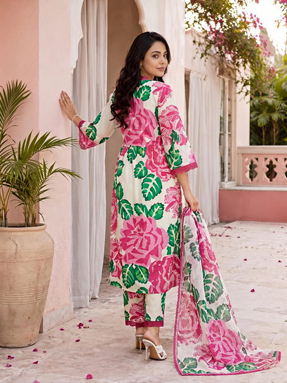 Beige Floral Cotton A-Line Suit Set Stylish Ethnic Kurta Set