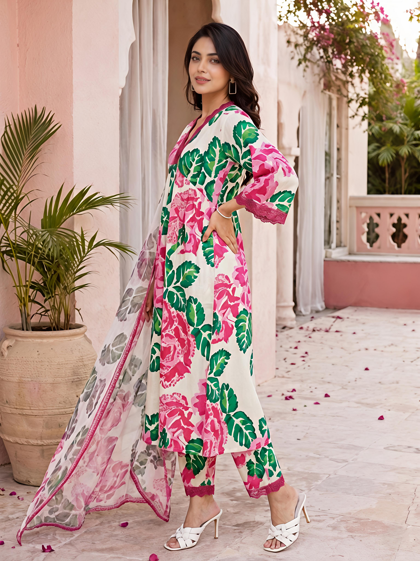 Beige Floral Cotton A-Line Suit Set Stylish Ethnic Kurta Set