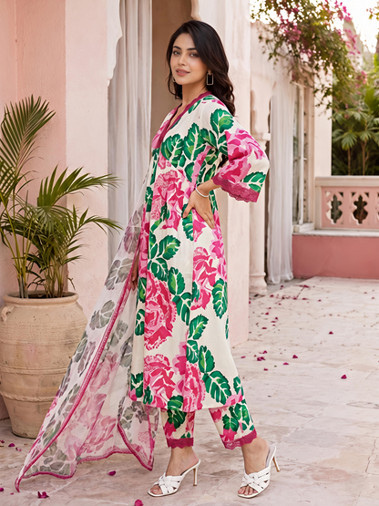 Beige Floral Cotton A-Line Suit Set Stylish Ethnic Kurta Set