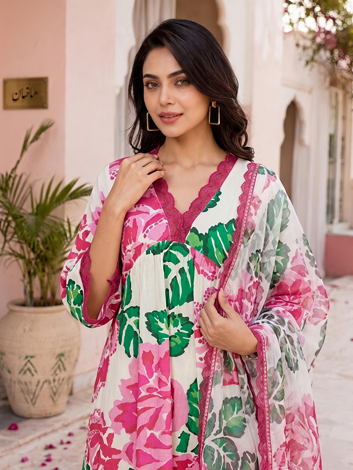 Beige Floral Cotton A-Line Suit Set Stylish Ethnic Kurta Set