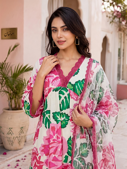 Beige Floral Cotton A-Line Suit Set Stylish Ethnic Kurta Set