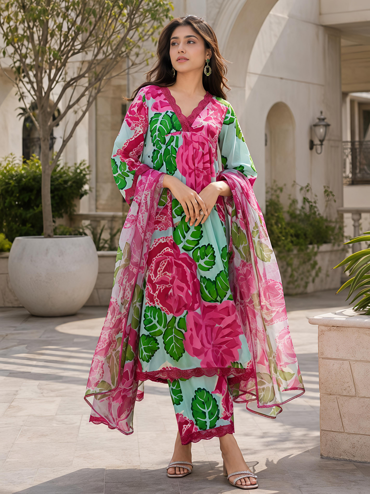 Multicolor Floral Rayon Bland A-Line Suit Set Stylish Ethnic Kurta Set