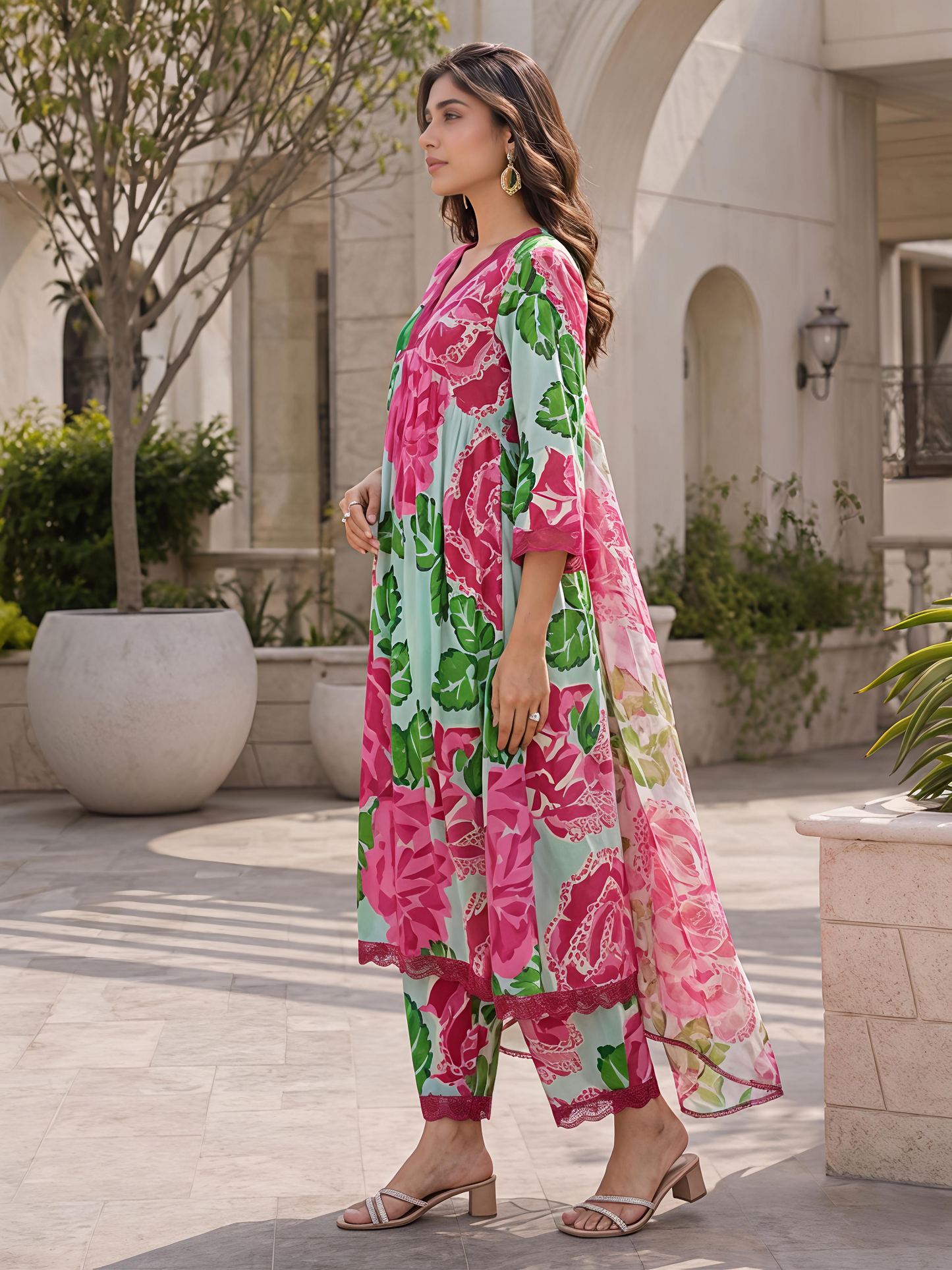 Multicolor Floral Rayon Bland A-Line Suit Set Stylish Ethnic Kurta Set
