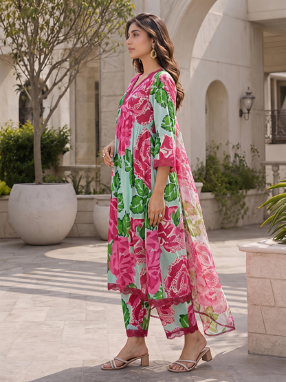 Multicolor Floral Rayon Bland A-Line Suit Set Stylish Ethnic Kurta Set