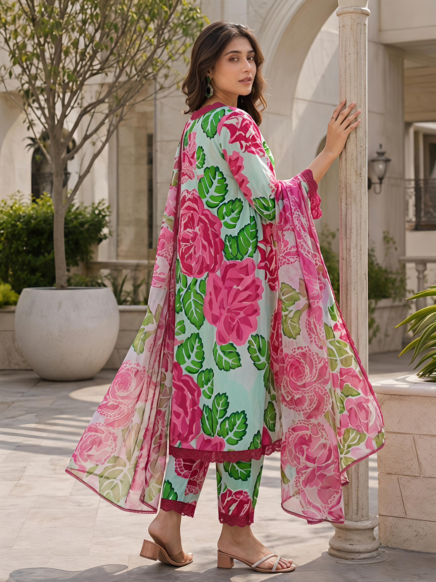Multicolor Floral Rayon Bland A-Line Suit Set Stylish Ethnic Kurta Set