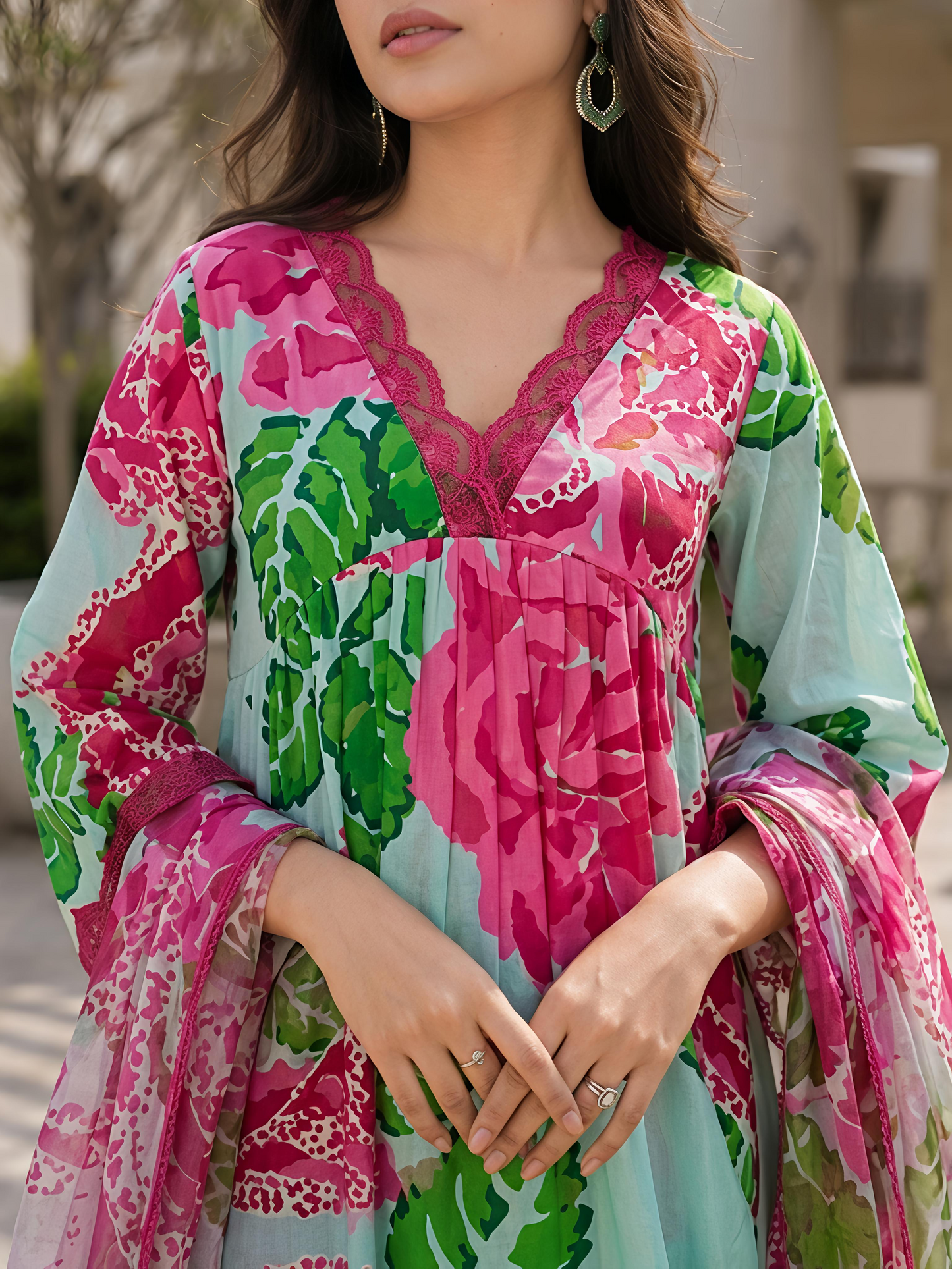 Multicolor Floral Rayon Bland A-Line Suit Set Stylish Ethnic Kurta Set